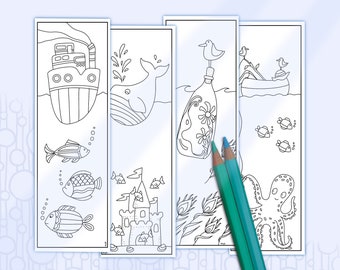 Coloring Bookmarks Ocean, Adult Coloring Digital Bookmarks, Funny Sea Themed Book Accessories, Gifts for Book Lovers, Ship and Whale