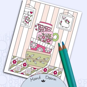 Teetassen Malbuch Seite, Handgezeichnet Kochgeschirr Doodle, Printable Seite zum Ausmalen