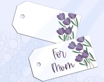 Printable Gift Tag for Mom, Hand Drawn Purple Flowers Gift Label, Mother's Day tag, Blank Floral Gift Tag