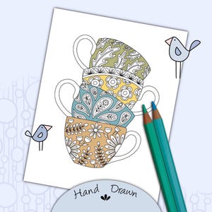 Printable Coloring Page Teacups, Adult Coloring Cups of Tea, Digital Page to Color Cups of Tea, Coloring Sheet Tangled Flower