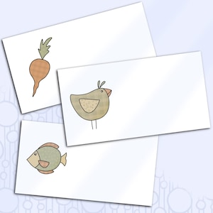 Cartes de visite imprimables Poulet, poisson et légumes, préférence de repas bohème, carte de place pour places assises réservées, carte de visite vierge pour le service de table