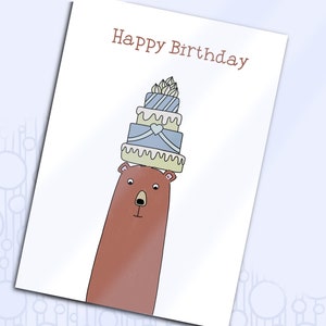 Printable Birthday Card, Bear With Cake on Head Greeting Card, Funny Birthday Card, Printable Matching Envelope, Cute Bear Card