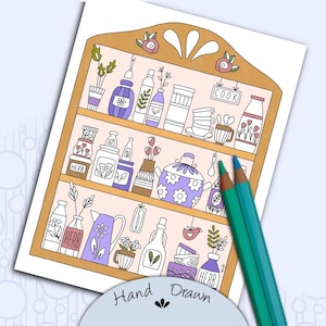 Kitchen Cupboard Coloring Page: Hand-Drawn Cups and Dishes (PDF)
