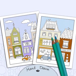 City Coloring Page, Hand Drawn Whimsical Town, Printable Adult Page to Color