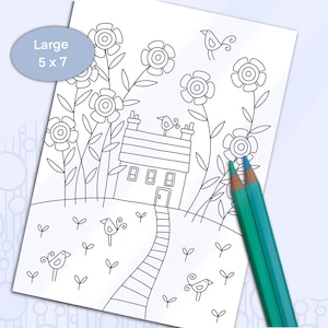 Coloring Card Hand Drawn Folk Art Cottage and Garden, Printable Greeting Card to Color, Boho House, Home Doodle 5x7 Blank Stationery