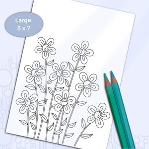 Cartão para colorir, patch de flores desenhado à mão, margaridas fofas com rabiscos de flores, cartão de felicitações em branco 5x7 para impressão para colorir, artigos de papelaria para jardim