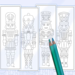 May include: Four black and white line drawings of nutcracker soldiers. Each nutcracker is unique and has a different design. The nutcrackers are all standing upright and have their arms at their sides.