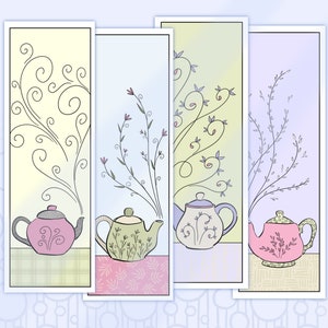 Printable Bookmarks Teapots, Whimsical Teakettle Hand Drawn Bookmarks, Tangled Style