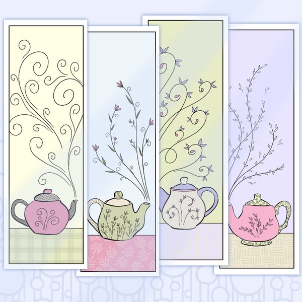 Printable Bookmarks Teapots, Whimsical Teakettle Hand Drawn Bookmarks, Tangled Style