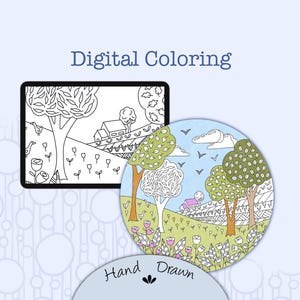 Può includere: Un tablet digitale che mostra un paesaggio in bianco e nero con alberi, fiori e una casa, accanto a una versione circolare colorata della stessa scena. Il testo Digital Coloring e Hand Drawn è visibile sullo sfondo azzurro.