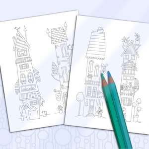 Puede incluir: Dos hojas de papel blanco con ilustraciones de líneas negras de edificios altos y estrechos con diversos detalles arquitectónicos, incluyendo ventanas, balcones y plantas, acompañadas de dos lápices de color verde azulado.