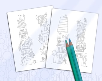 Coloring Pages Hand Drawn, Wonky Houses Coloring Book Pages, Printable Funky Naive Art Shops, Four Fun Buildings to Color