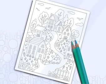 Coloring Page Cute Neighborhood, Hand Drawn Houses and Hills, House Doodles to Color, Naive Art Printable, Doodle Coloring
