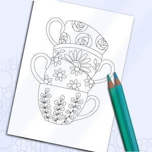 Tarjeta de felicitación para colorear taza de té floral, taza de té tarjeta dibujada a mano para colorear, papelería en blanco, tarjeta para colorear para adultos, imprimible
