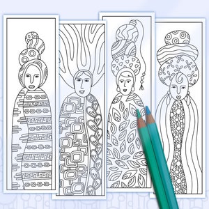 May include: Four black and white line drawings of women with elaborate hairstyles and patterned clothing. The women are wearing headbands and have long hair. The drawings are on a white background.
