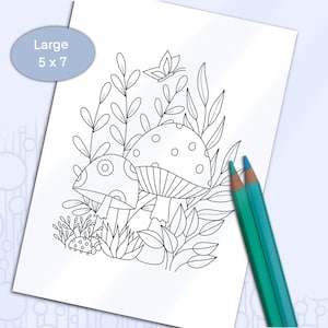 May include: A black and white line drawing of two mushrooms with a butterfly and ladybug. The mushrooms have a dotted pattern and are surrounded by leaves and stems.
