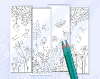 Bookmarks to Color Flower Gardens, Hand Drawn Bookmarks, Adult Coloring Trees Birds and Butterflies