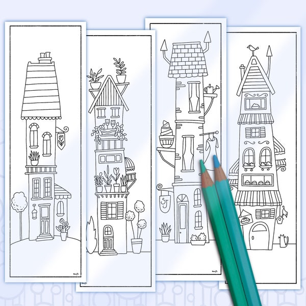 Bookmarks to Color Wonky Houses, Hand Drawn Coloring Bookmarks Tall Shops, Naive Art, Adult Coloring