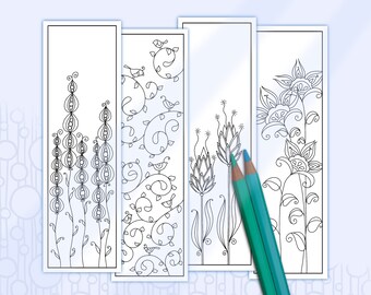 Bookmarks to Color Tangled Flowers, Printable Zen Doodle Floral Bookmarks, Hand Drawn, Adult Coloring Bookmark