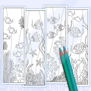 May include: Four black and white printable bookmarks featuring underwater scenes with fish, seaweed, and coral. The bookmarks are perfect for coloring.