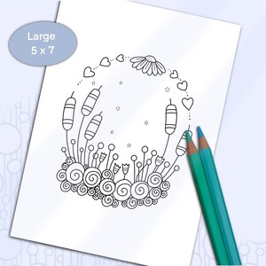 Carte à colorier dessinée à la main, carte de voeux vierge fantaisiste, plantes et coeurs numérique 5 x 7, Illustration imprimable à colorier pour adultes