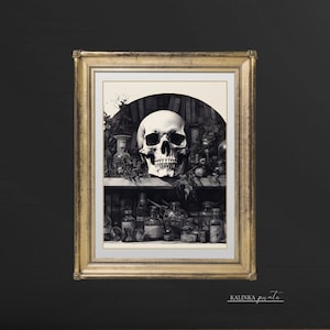 Skull in Apothecary Digital Print | Halloween Digital Print | Line Illustration | Ink Drawing | Halloween Home Decor | Dark Cottagecore