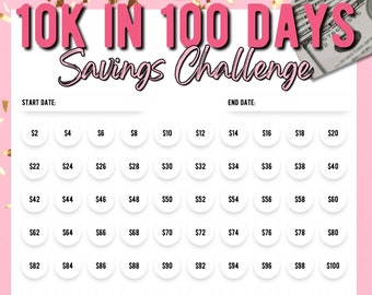 10K in 100 Days Savings Challenge, Printable 10000 Savings