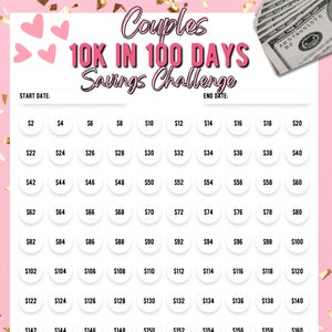 Desafio de economia de 10 mil em 100 dias para casais, desafio de economia de 10.000 para impressão, gráfico de economia de 100 envelopes, tamanho carta, meta de economia