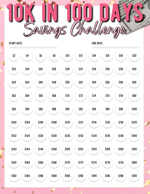 10K in 100 Days Savings Challenge, Printable 10000 Savings