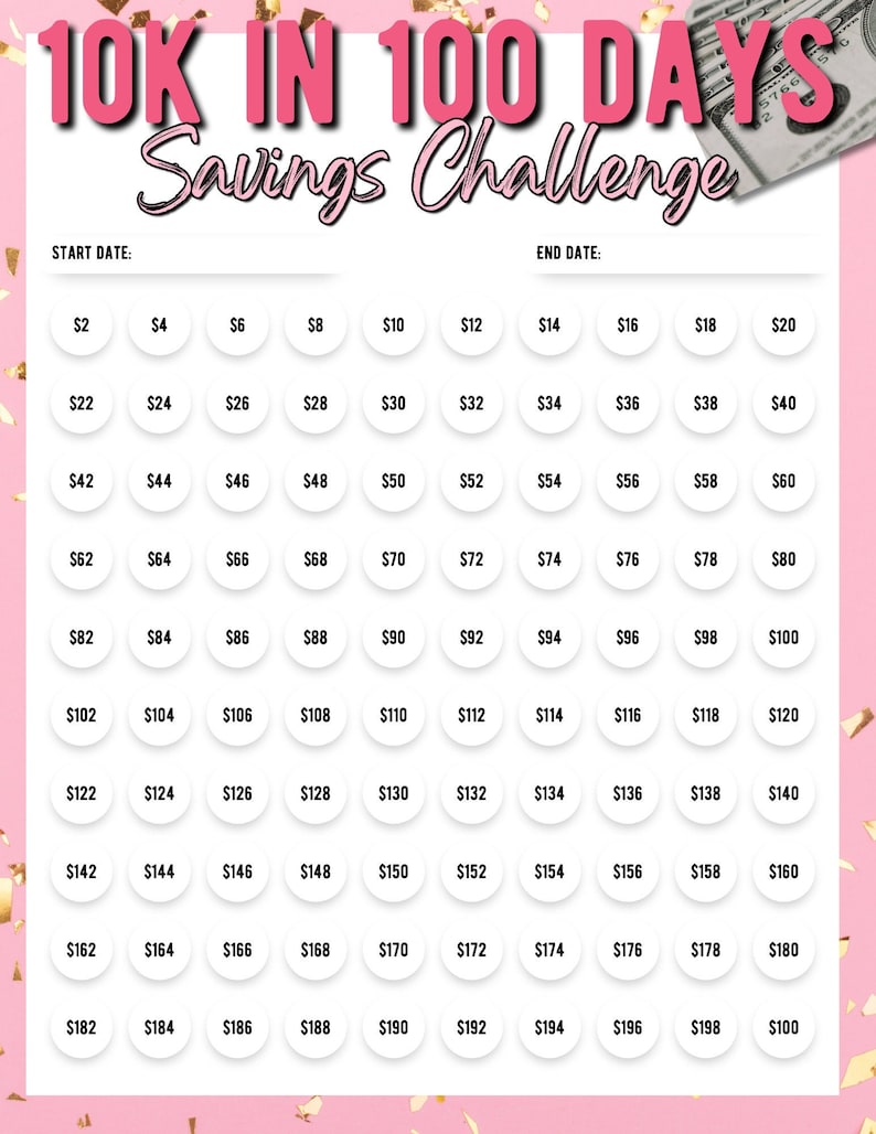 10K in 100 Days Savings Challenge, Printable 10000 Savings Challenge ...