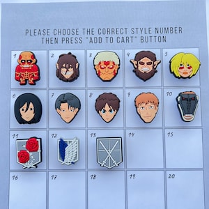 May include: A selection of colorful anime-style character charms, each with a unique face or emblem. The image includes the text "PLEASE CHOOSE THE CORRECT STYLE NUMBER THEN PRESS 'ADD TO CART' BUTTON". The charms are numbered 1 through 20.