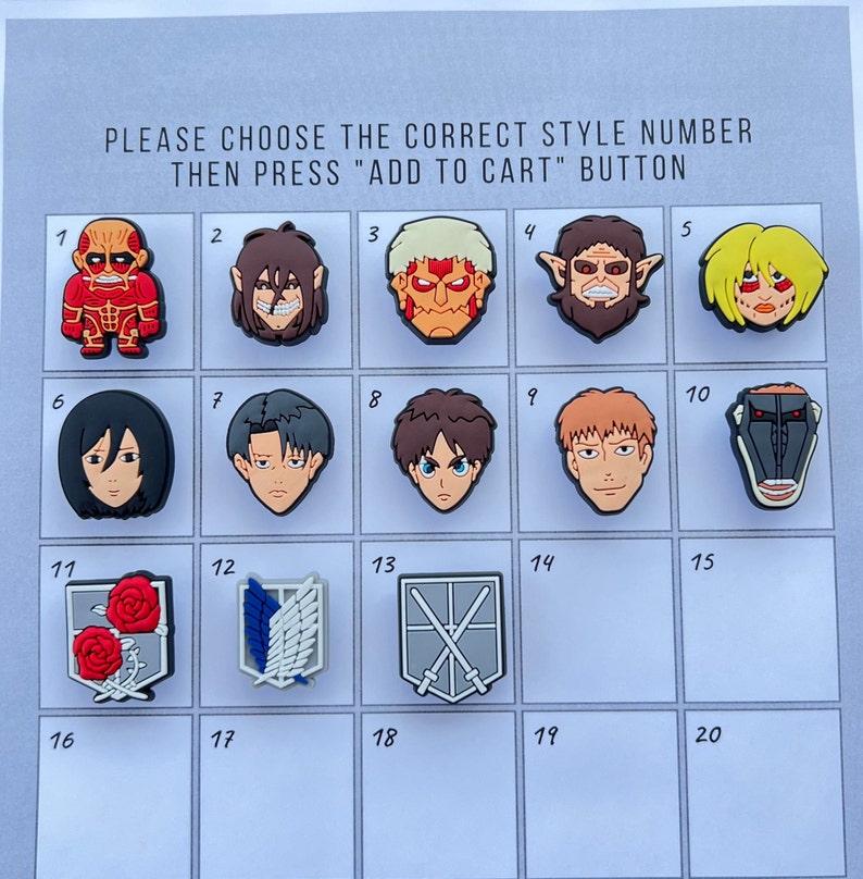 May include: A selection of colorful anime-style character charms, each with a unique face or emblem. The image includes the text "PLEASE CHOOSE THE CORRECT STYLE NUMBER THEN PRESS 'ADD TO CART' BUTTON". The charms are numbered 1 through 20.