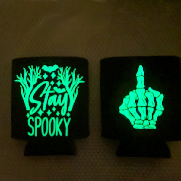 Custom Koozie/Cozie Glow in the Dark Halloween Stay Spooky & Skeleton Hand