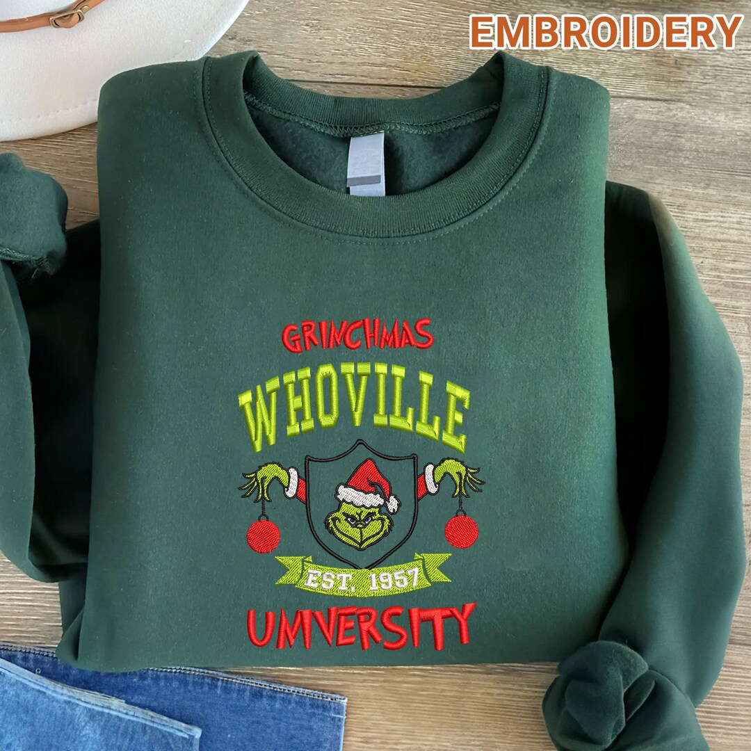 Grinch Embroidered Sweatshirt Grinch Christmas Embroidered - Etsy