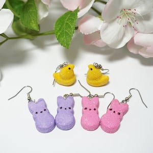 Handmade Polymer Clay Peep Bunny and Chick Easter Earrings