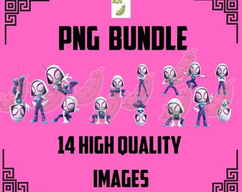 Spidey-Gwen Amazing Friends PNG-bundel - 14 exclusieve Ghost-Spider-afbeeldingen - digitale download, transparante achtergrond, superheldafbeeldingen
