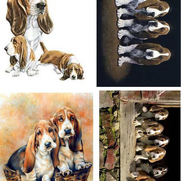 Set of 4 Bassett Hound Dog Fabric Quilt Blocks