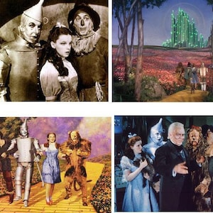 May include: A collage of four images from the classic movie "The Wizard of Oz". The first image shows Dorothy, the Scarecrow, the Tin Man, and the Cowardly Lion. The second image shows the Emerald City in the distance. The third image shows the four friends walking down the yellow brick road. The fourth image shows the four friends meeting the Wizard.