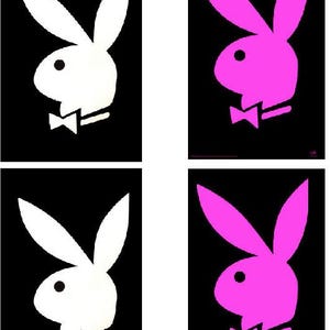May include: Four images of a bunny rabbit wearing a bow tie. Two images feature a white bunny on a black background. Two images feature a pink bunny on a black background.