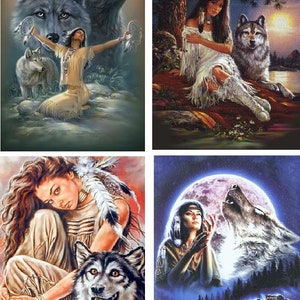 May include: Four digital art prints featuring Native American women with wolves. The first print shows a woman with a wolf on either side of her, the second shows a woman sitting with a wolf, the third shows a woman with a wolf, and the fourth shows a woman looking up at a wolf howling at the moon.
