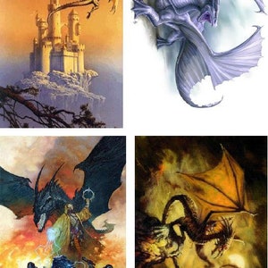 May include: Four different illustrations of dragons. The first shows a red dragon flying over a white castle. The second shows a blue dragon with its wings spread wide. The third shows a black dragon with a wizard standing in front of it. The fourth shows a yellow dragon with its wings spread wide.