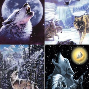 May include: A collage of four images featuring wolves howling at the moon. The first image shows a white wolf howling at a full moon in a starry night sky. The second image shows a group of wolves howling at a waterfall in a snowy landscape. The third image shows a wolf howling in a snowy forest. The fourth image shows a wolf howling at the moon with a Native American man playing a flute in the foreground.