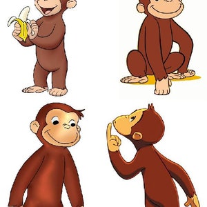 May include: Four illustrations of a brown monkey character. The first monkey is standing and holding a yellow banana. The second monkey is sitting with its legs crossed. The third monkey is standing with its arms at its side. The fourth monkey is standing with its right arm raised and its index finger pointing up.