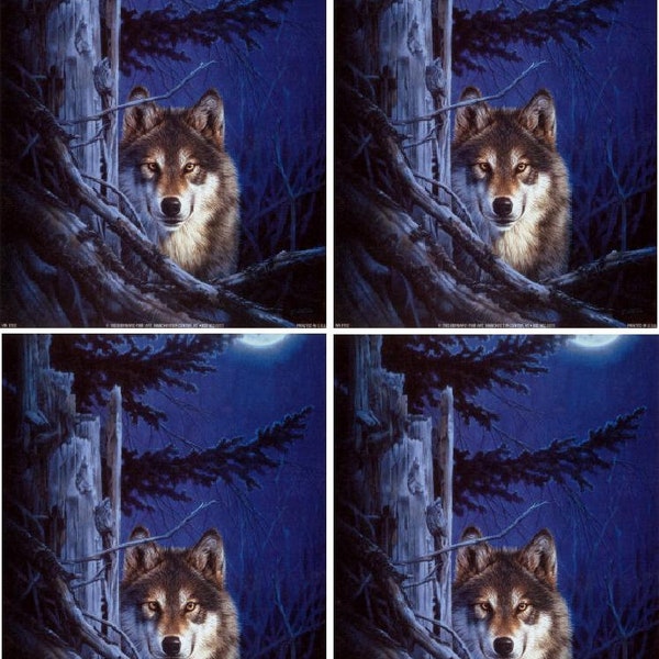 Set of 4 Wolf By a Tree Fabric Quilt Blocks