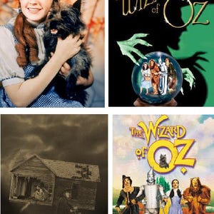 May include: A collage of four images related to the movie "The Wizard of Oz". The first image shows Dorothy holding a black and white dog. The second image shows the title "The Wizard of Oz" in gold letters on a green background. The third image shows a black and white photo of a house flying in the air. The fourth image shows the characters from the movie walking down the yellow brick road.