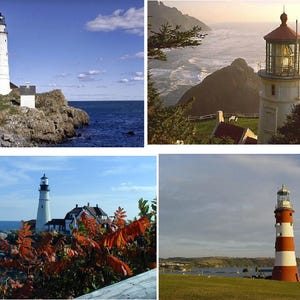 May include: Four different lighthouses are shown in this image. The lighthouses are all white with red accents. They are all located on the coast and are surrounded by water. The lighthouses are all different sizes and shapes.