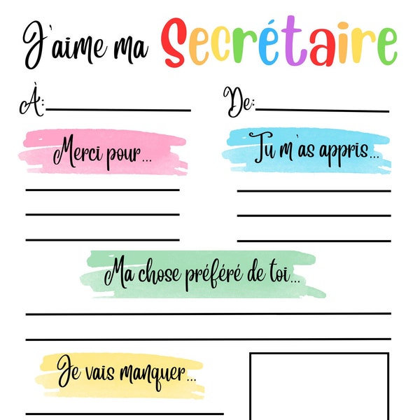 Printable "J'aime ma Secrétaire" FRENCH "I love my Secretary"  (Digital Download)(PDF)(PNG)