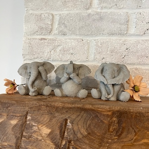 Handcrafted Cement Elephant Figurines - Set of 3 - Indoor/Outdoor Decorative Elephants - Detailed Garden Mantel Accents - 5" Tall
