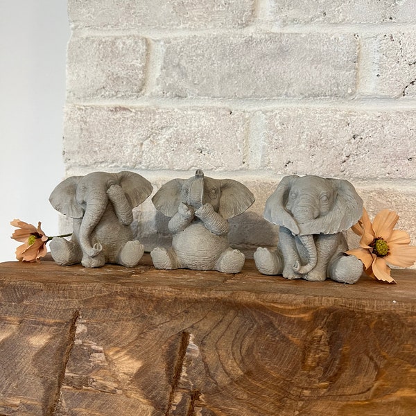 Handcrafted Cement Elephant Figurines - Set of 3 - Indoor/Outdoor Decorative Elephants - Detailed Garden Mantel Accents - 5" Tall
