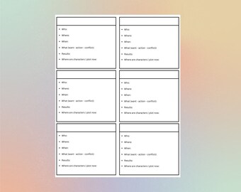 Scene Writing Notecards Blank format for 8x11 printing with scene prompts 6 notecards per page